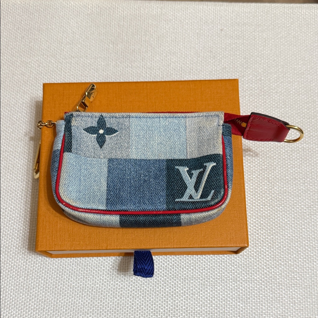 Sale Louis Vuitton Denim Blue Checkered Key Pouch/Card Wallet